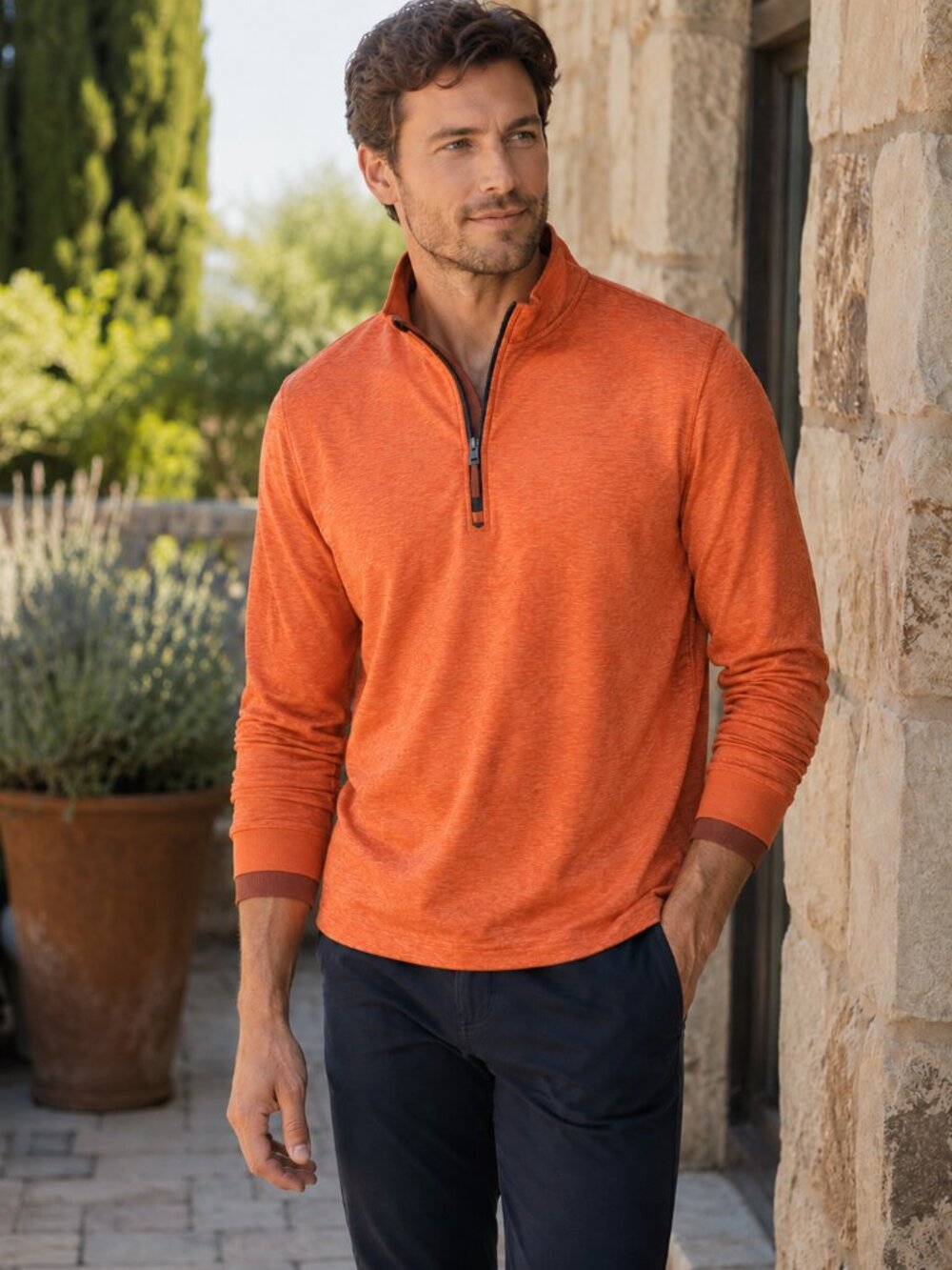 Bugatchi Men’s Quarter Zip Pullover L Orange Stretch NWT